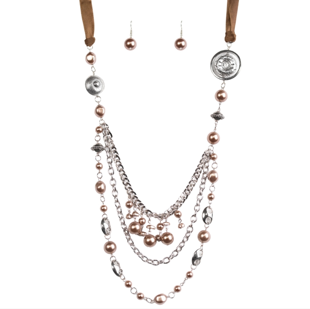 Brown Ribbon Jewelry Set Beaded Tiered Chain Victorian Necklace & Earrings